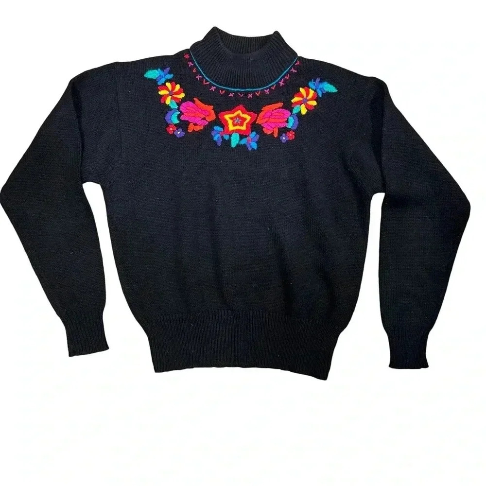 Nicole Curie Womens Medium Black Sweater with Bright Color‎ Embroidered Flowers